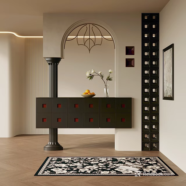Stylish Entryway Design With Black Cabinet Red Accented Drawers Vase Arched Doorway And Wine Rack 3d model 