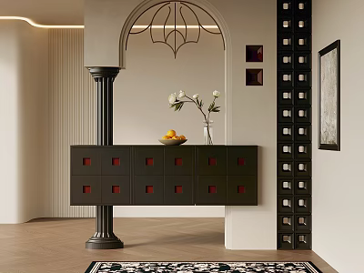Stylish Entryway Design With Black Cabinet Red Accented Drawers Vase Arched Doorway And Wine Rack 3d model