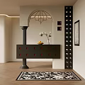 Stylish Entryway Design With Black Cabinet Red Accented Drawers Vase Arched Doorway And Wine Rack