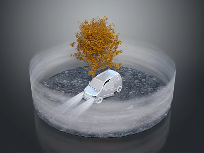 Car With Headlights On Near Autumn Tree In Circular Area 3d model