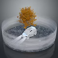 Car With Headlights On Near Autumn Tree In Circular Area