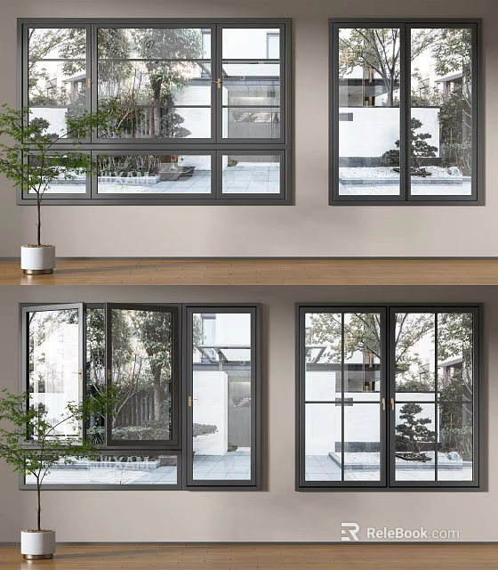 Modern Black Frame Casement Windows In Residential Home Exterior With Garden View 3d model 