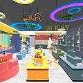 Vibrant Play Space With Circular Lights Neon Signs Stuffed Toys And Colorful Stands