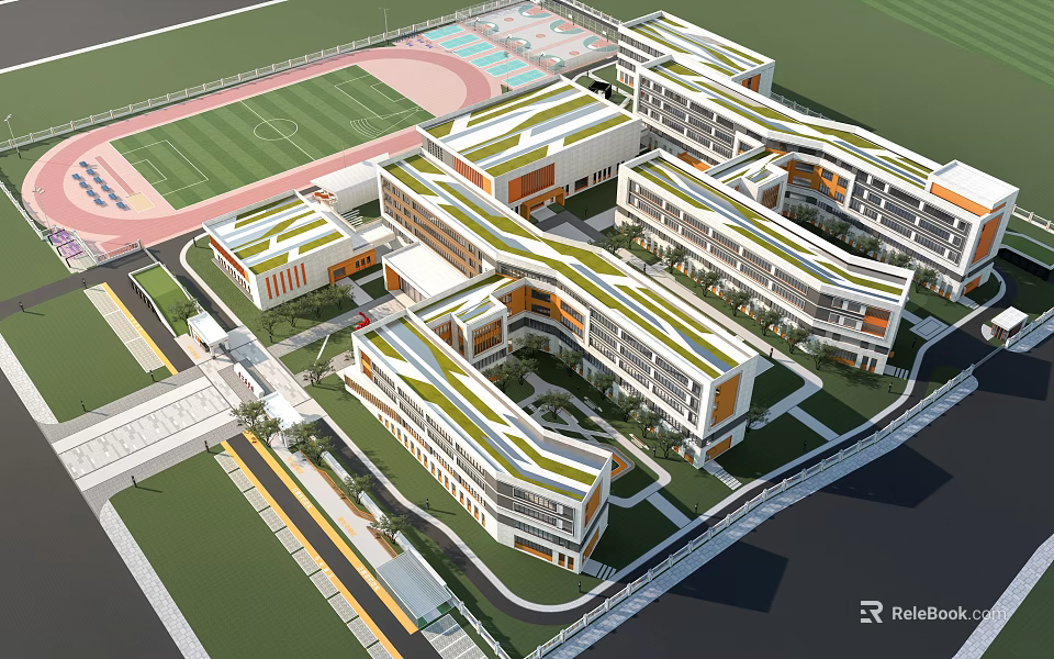 Modern School Buildings With Green Roofs Connected Layout And Sports Field Running Track 3d model 