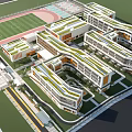 Modern School Buildings With Green Roofs Connected Layout And Sports Field Running Track
