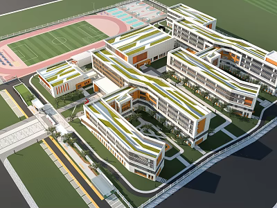 Modern School Buildings With Green Roofs Connected Layout And Sports Field Running Track 3d model