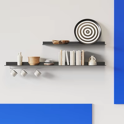 Modern Wall Shelves on White Wall With Black White Plate Bowl Books and Mugs 3d model