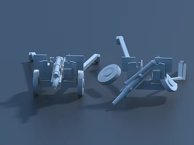 3D Model Vintage Artillery Weapon With Wheels Barrel And Scattered Parts 3d model
