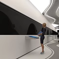 Modern Office Corridor With Curved Architecture Ambient Lighting White Counters And People Walking