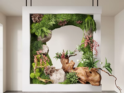 Indoor Landscape Wall Art With Moss Green Plants Stones And Wooden Decorations 3d model