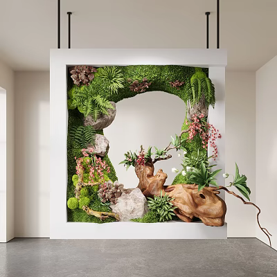 Indoor Landscape Wall Art With Moss Green Plants Stones And Wooden Decorations 3d model