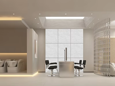 Modern Beauty Salon Interior With White Decor Large Windows Reception Desk And Black Chairs 3d model