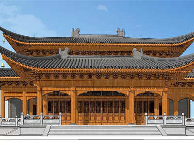 Traditional Chinese Ancient Architecture with Overhanging Eaves Tiled Roof and Elaborate Wooden Carvings 3d model