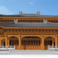 Traditional Chinese Ancient Architecture with Overhanging Eaves Tiled Roof and Elaborate Wooden Carvings
