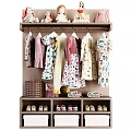 Kids Wardrobe Interior With Hanging Colorful Dresses Folded Clothes Shoes And Storage Basket On Shelves