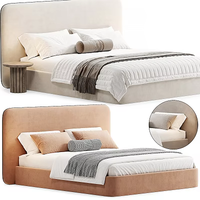 Upholstered Beige Double Bed With White Gray Brown Pillows Striped Quilt And Wooden Nightstand 3d model