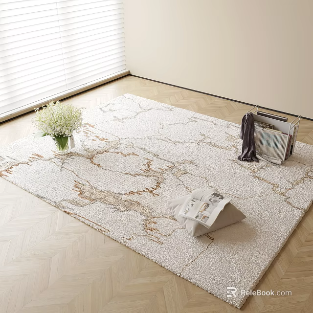 Square Area Rug With Beige Gold Marble Pattern On Light Wooden Floor And White Flowers 3d model 