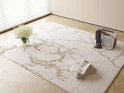Square Area Rug With Beige Gold Marble Pattern On Light Wooden Floor And White Flowers 3d model