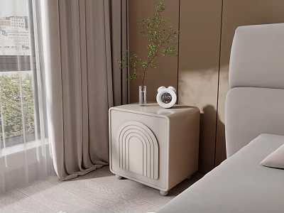 Modern Minimalist Bedside Table With Arched Design White Alarm Clock And Green Plant 3d model