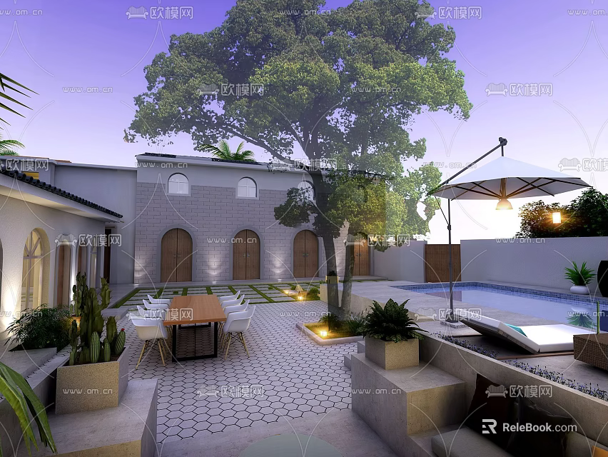 Courtyard Garden Outdoor Space With Large Tree Dining Set Swimming Pool And Plants 3d model 