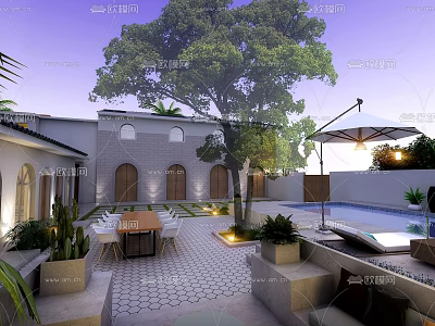 Courtyard Garden Outdoor Space With Large Tree Dining Set Swimming Pool And Plants 3d model