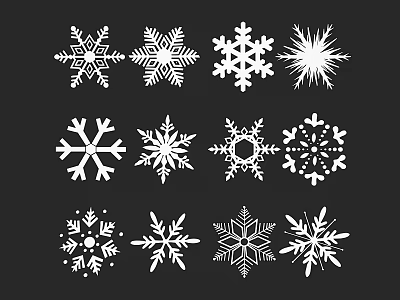 Decorative Collection Of Various White Snowflake Patterns On Black Background 3d model