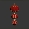 Red Lanterns Three Vertically Hanging with Golden Trim and Reflection on Dark Background 3d model