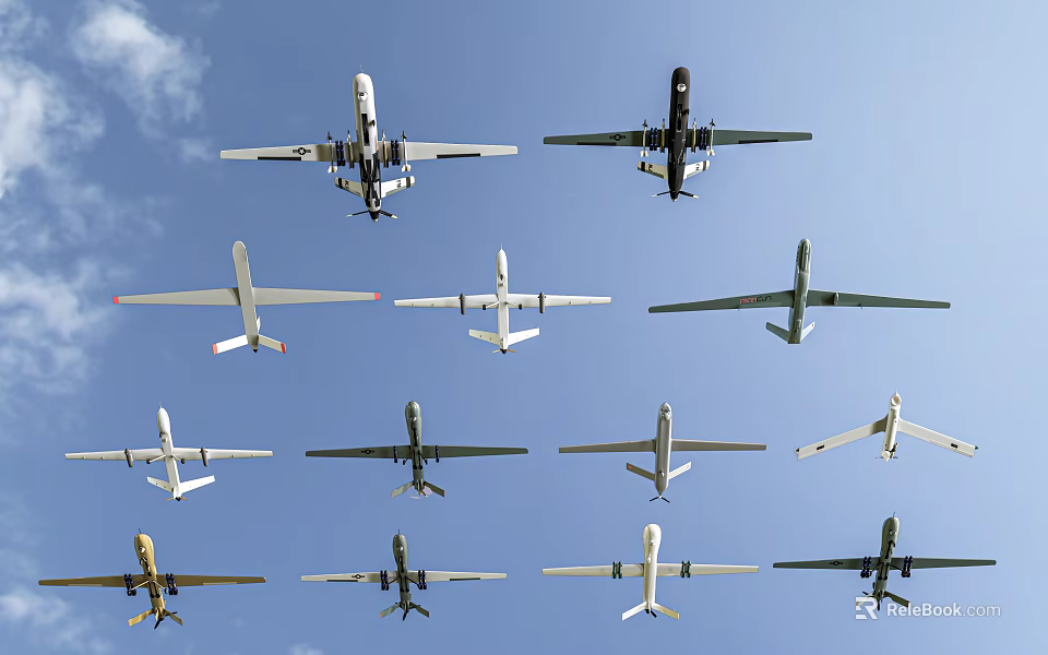 Various Fighter Jets Flying In Midair Formation Under Blue Sky 3d model