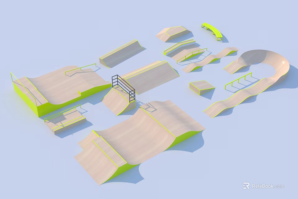 Durable Playground Equipment Featuring Multiple Ramps Platforms Rails And Curved Structures 3d model