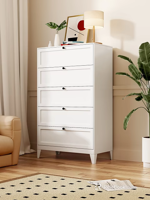 Modern White Chest of Drawers with Green Plant and Beige Wall 3d model 