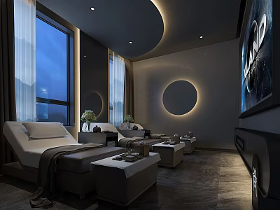 Modern SPA Sauna Interior With Comfortable Loungers Ambient Lighting And Large Windows 3d model
