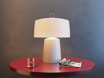White Table Lamp With Lampshade On Red Round Table Near Candle Holders And Magazine 3d model