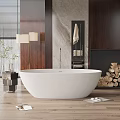 White Oval Bathtub with Light Blue Water on Wooden Floor and Slippers on Gray Mat