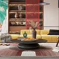 Elegant Luxury Living Room Interior With Yellow Sofa Colorful Painting Wooden Bookshelf And Geometric Rug