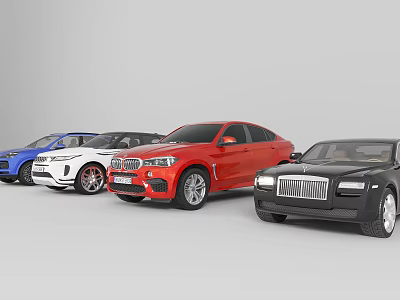 Various Luxury Cars In Blue White Red And Black Colors Parked Together 3d model