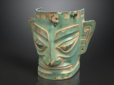 Ancient Green Bronze Mask With Carved Facial Features And Patina Design 3d model