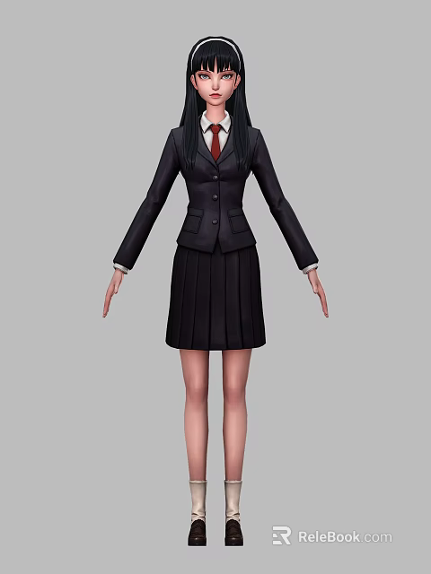Woman in School Uniform with Dark Blazer Pleated Skirt and Red Tie 3d model 