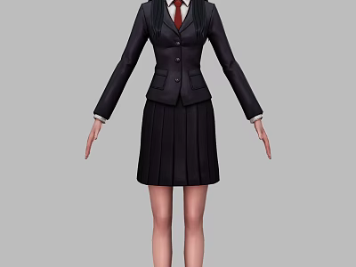 Woman in School Uniform with Dark Blazer Pleated Skirt and Red Tie 3d model
