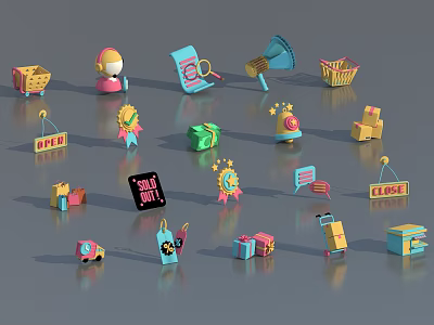 Colorful 3D Icons Collection Featuring Shopping Cart Gift Box Tags Horn And Clock 3d model