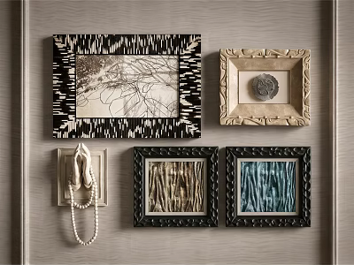 Elegant Wall Decor Featuring Various Framed Artworks Textured Patterns And Decorative Items 3d model