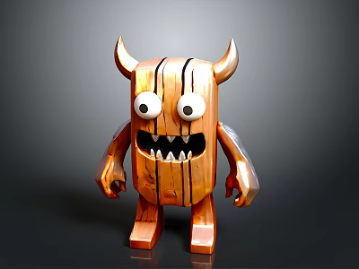 Cartoon Style Wooden Monster Figurine With Horns Big Eyes And Sharp Teeth 3d model