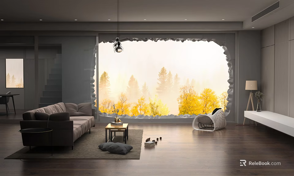 Modern Living Room With Large Window Misty Forest Yellow Green Trees Wooden Floor Gray Sofa 3d model 