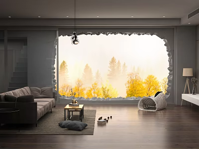 Modern Living Room With Large Window Misty Forest Yellow Green Trees Wooden Floor Gray Sofa 3d model