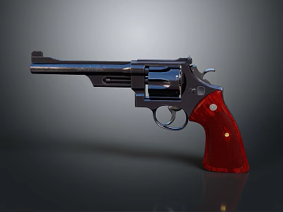 Classic Revolver With Red Wooden Grip And Polished Metal Barrel Cylinder 3d model