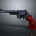 Classic Revolver With Red Wooden Grip And Polished Metal Barrel Cylinder