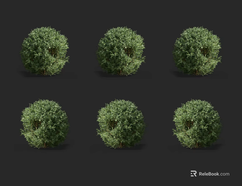 Six Green Round Shrubs with Spherical Shape on Dark Background 3d model