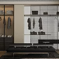 Modern Wardrobe Interior With Glass Doors Hanging Clothes Folded Clothes And Black Bench