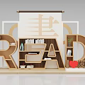 Creative READ Shaped Bookshelf Interior With Books Plants Heart Decoration and Reading Character