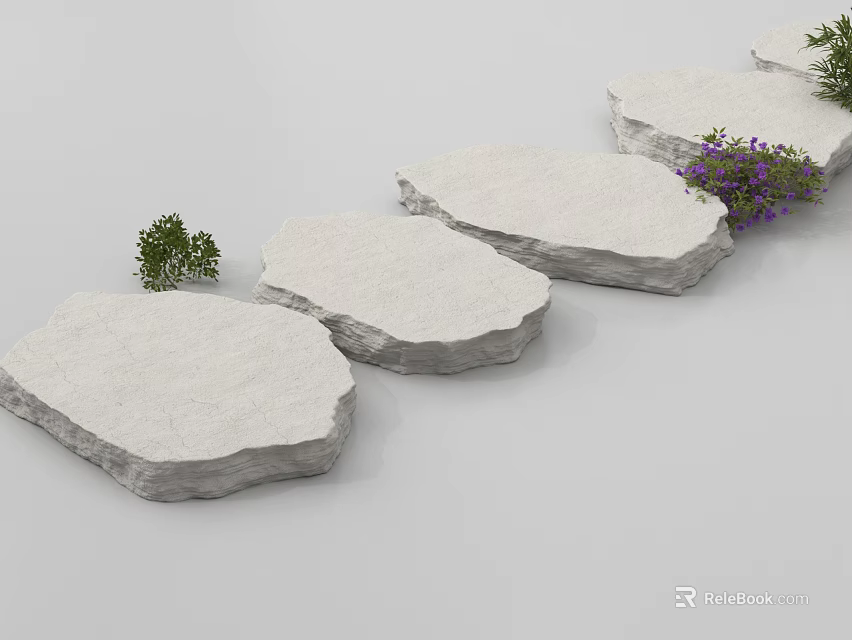 Natural Stone Stepping Stones Pathway With Green Plants And Purple Flowers 3d model 