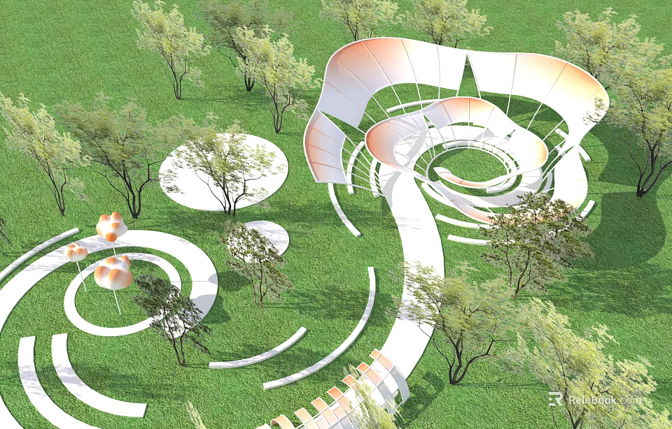 Spiral Pergola Structure In Green Grassland With Trees And Circular Pathways 3d model 